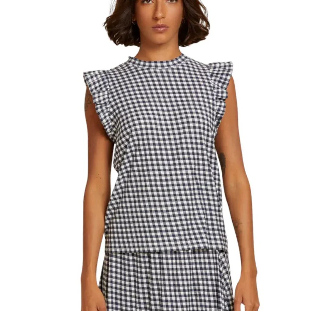 Like new NATION Paulette Tank Blue & White Gingham Ruffle Sleeve Top Size XS - Picture 2 of 12